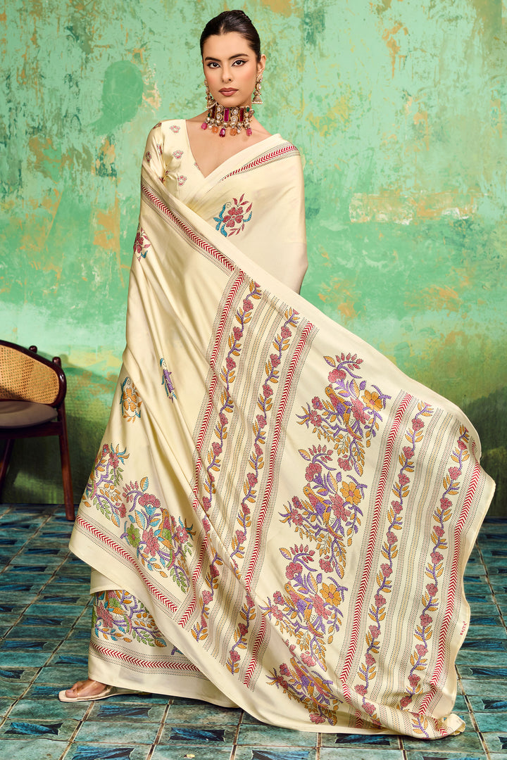 Cream Color Excellent Katha Printed Satin Saree | Buy Online India