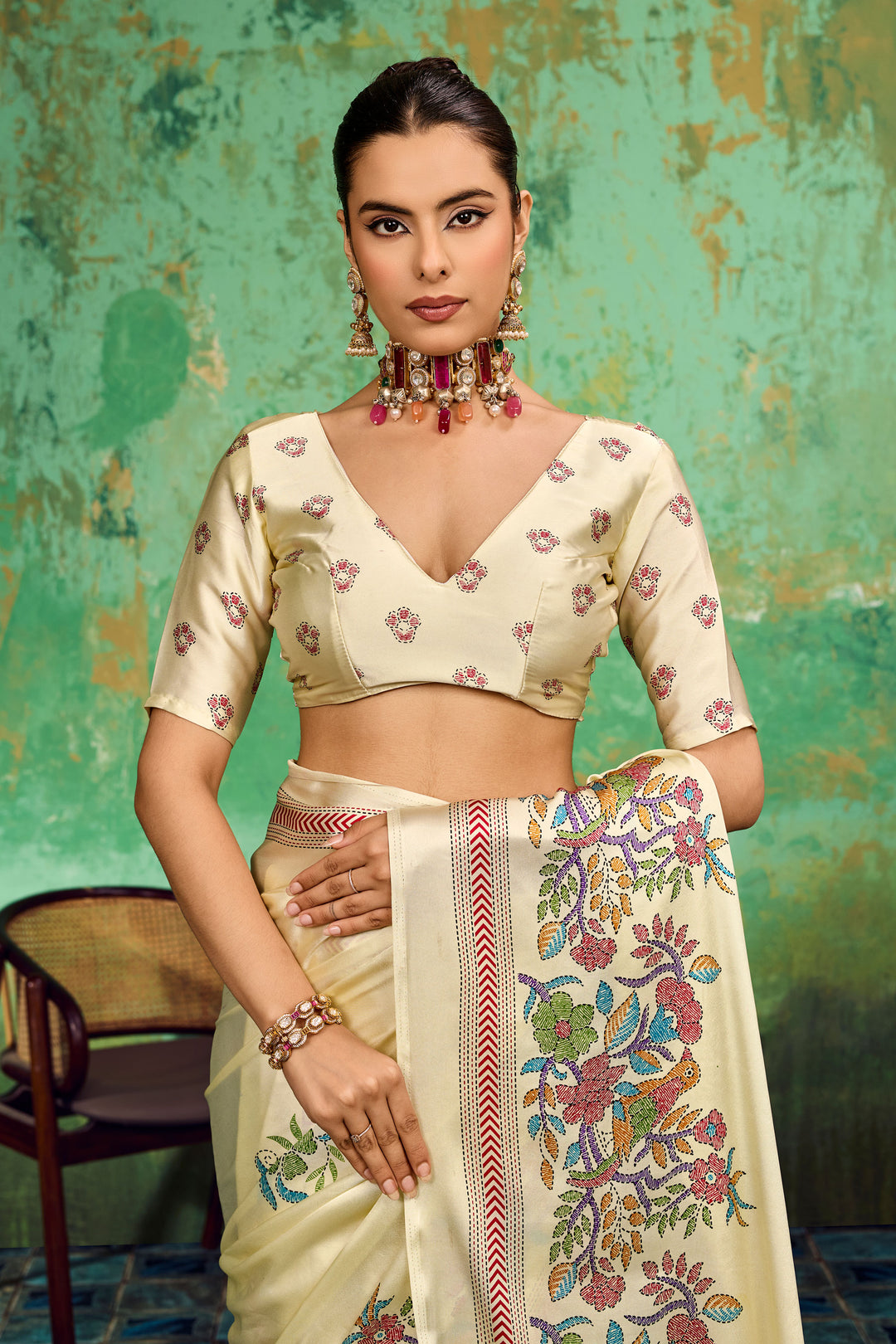 Cream Color Excellent Katha Printed Satin Saree | Buy Online India