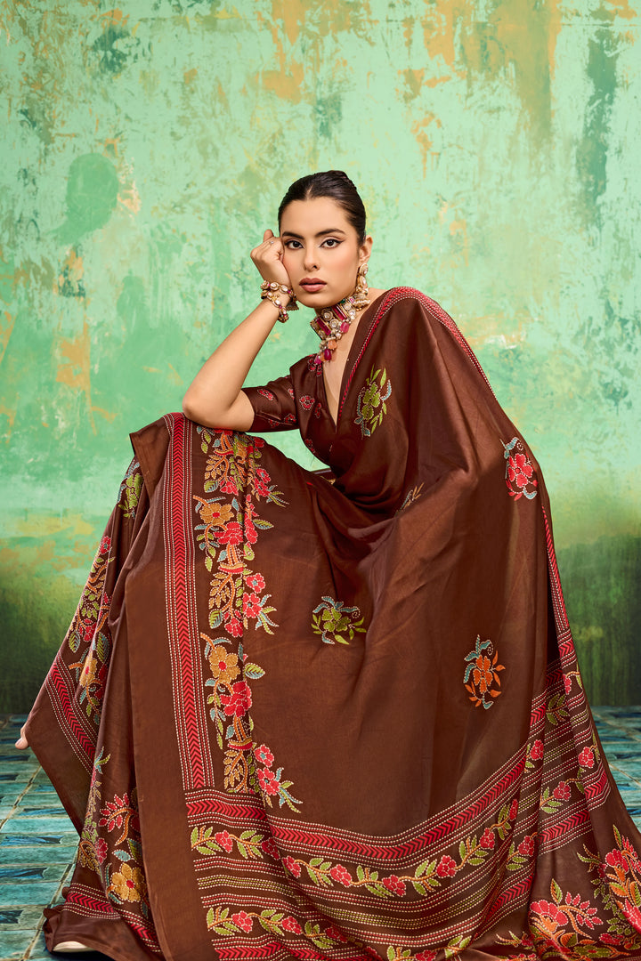 Katha Printed Brown Satin Saree For Festive