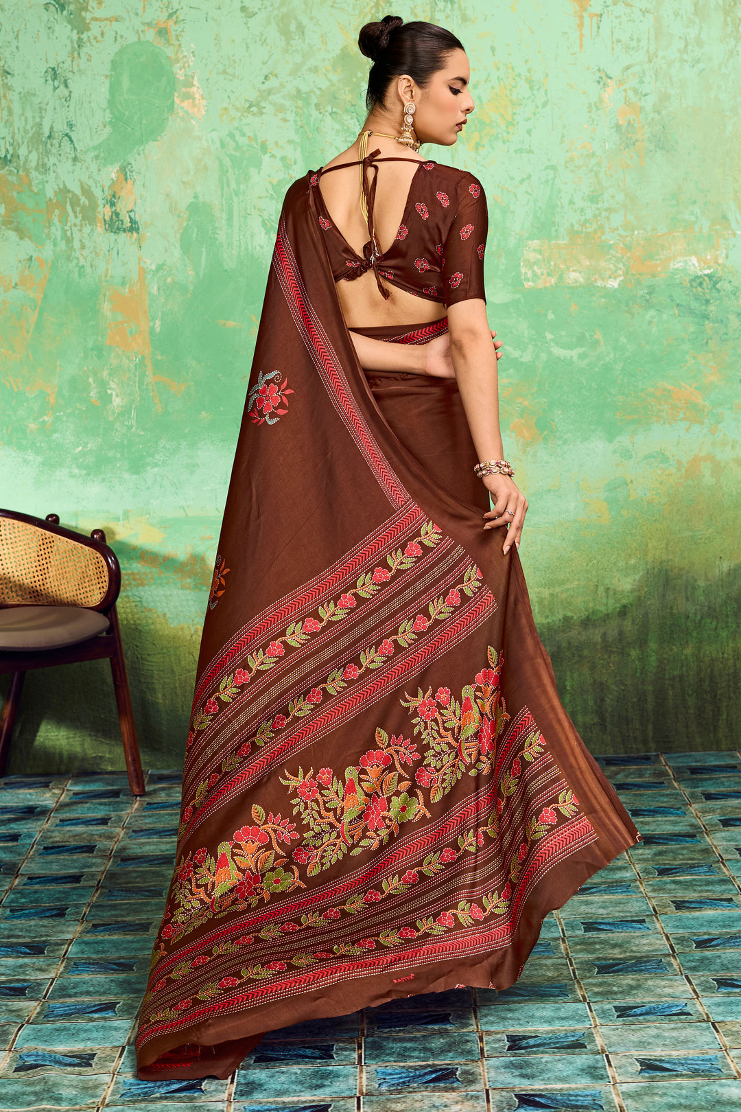 Katha Printed Brown Satin Saree For Festive