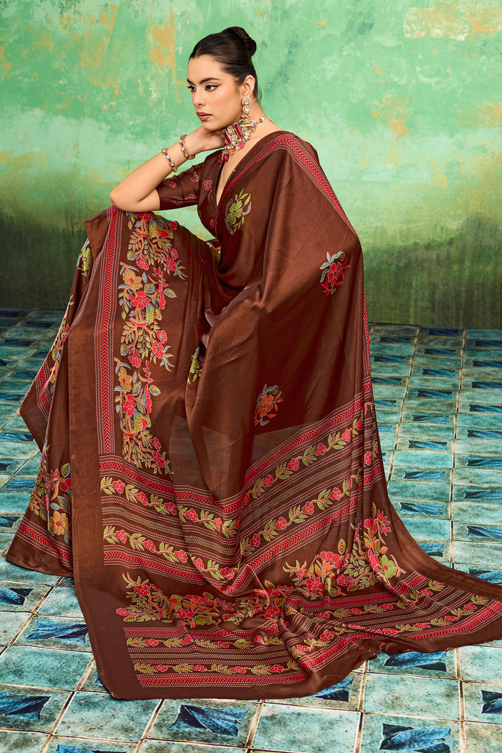 Katha Printed Brown Satin Saree For Festive