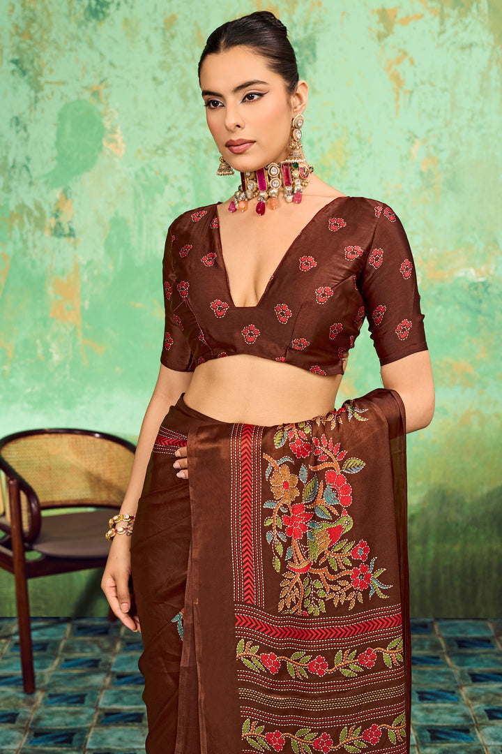 Katha Printed Brown Satin Saree For Festive