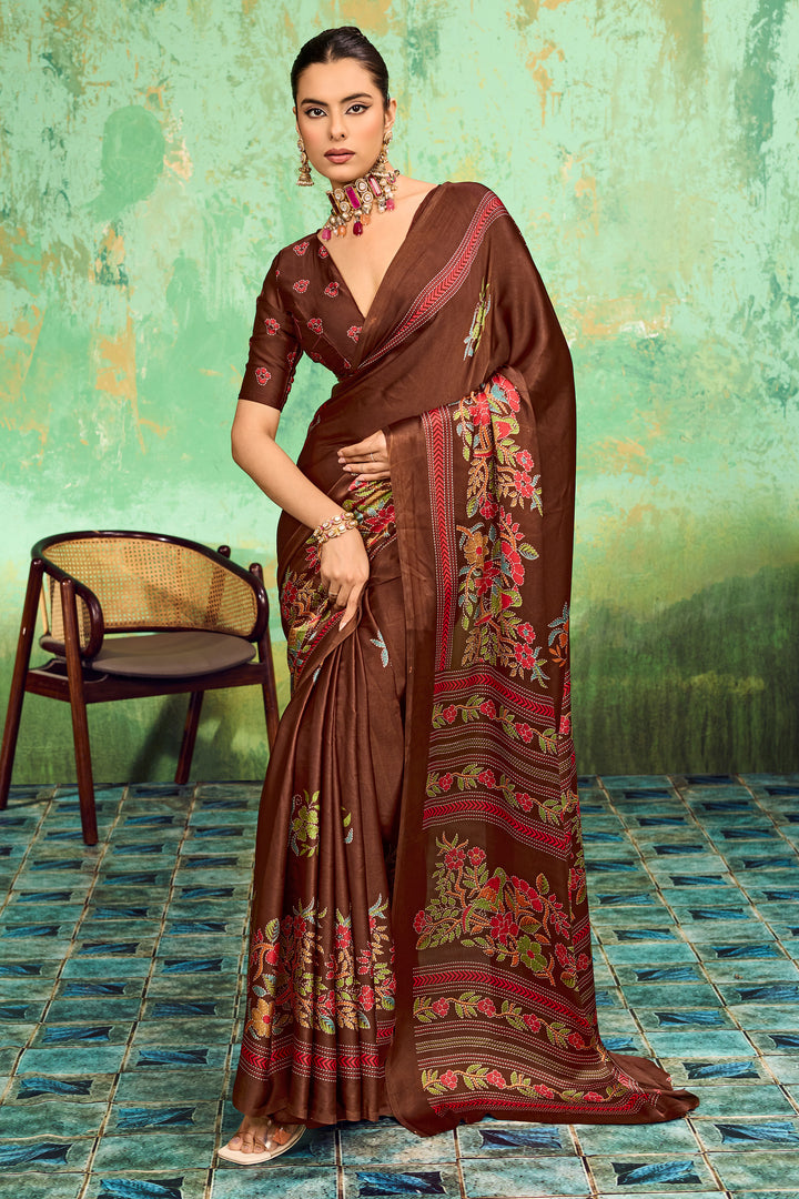 Katha Printed Brown Satin Saree For Festive