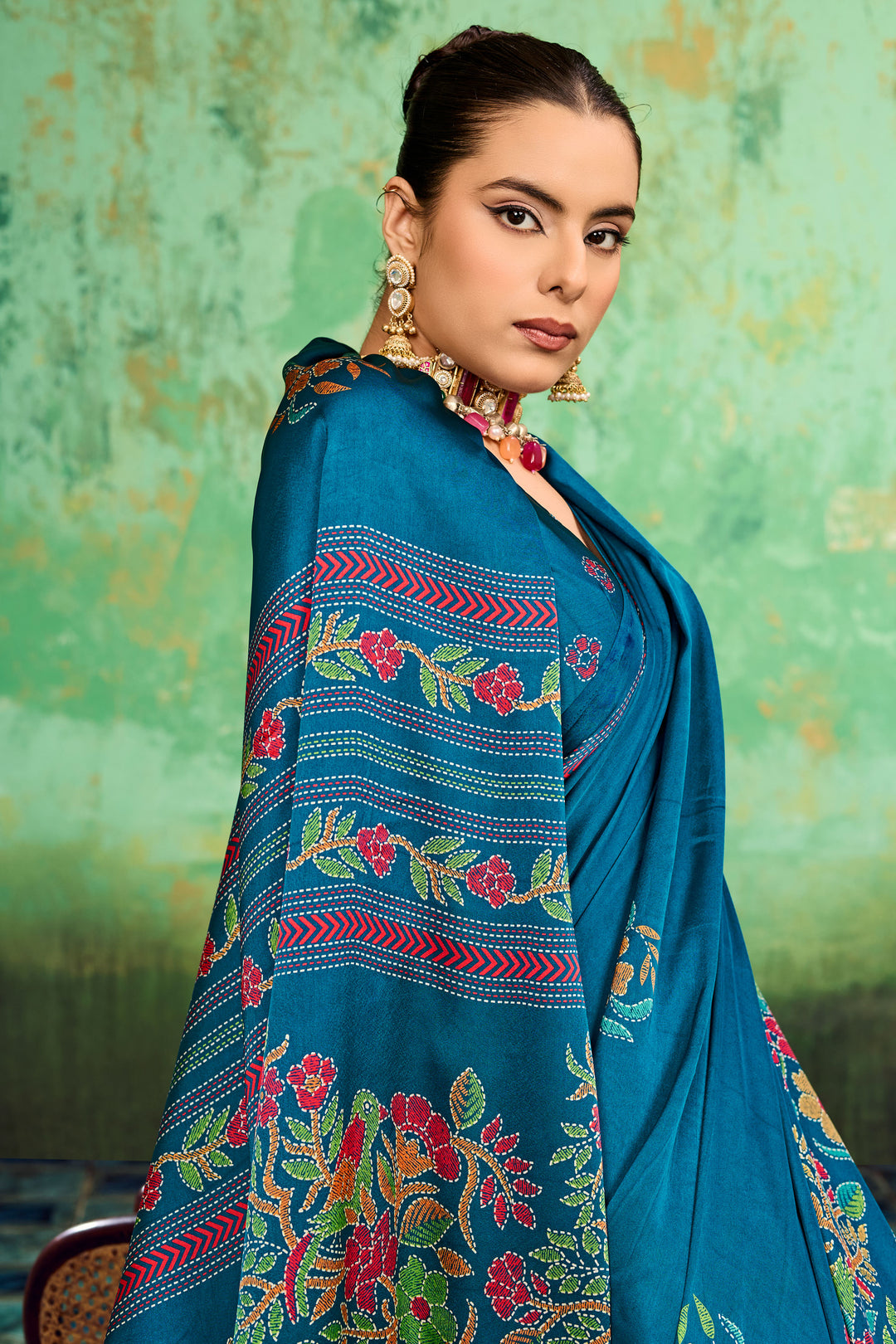 Cyan Color Satin Katha Printed Festive Look Saree | Buy Online India