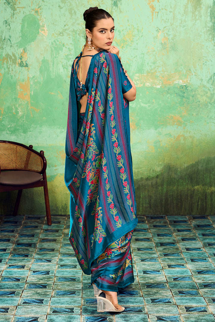 Cyan Color Satin Katha Printed Festive Look Saree | Buy Online India