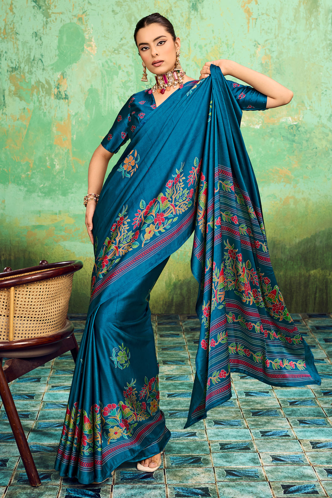 Cyan Color Satin Katha Printed Festive Look Saree | Buy Online India