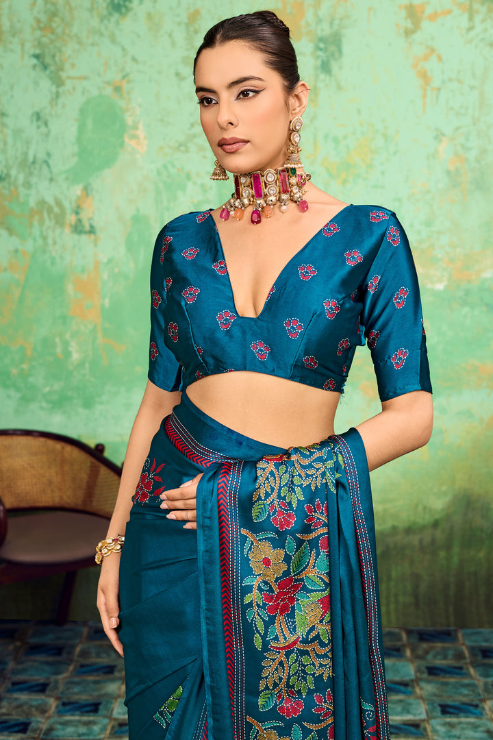 Cyan Color Satin Katha Printed Festive Look Saree | Buy Online India