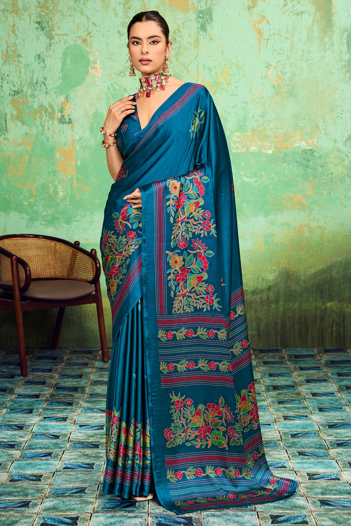 Cyan Color Satin Katha Printed Festive Look Saree | Buy Online India