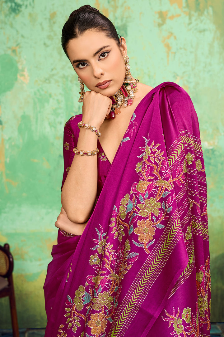 Magenta Color Engaging Katha Printed Satin Saree | Buy Online India