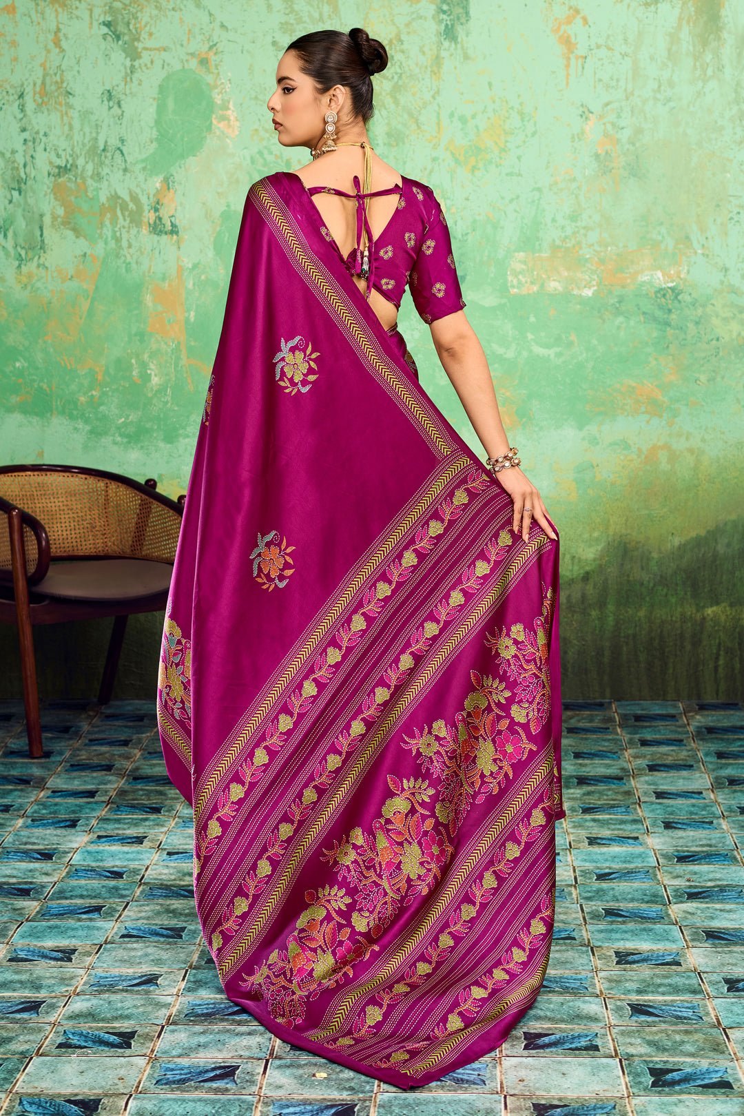 Magenta Color Engaging Katha Printed Satin Saree | Buy Online India