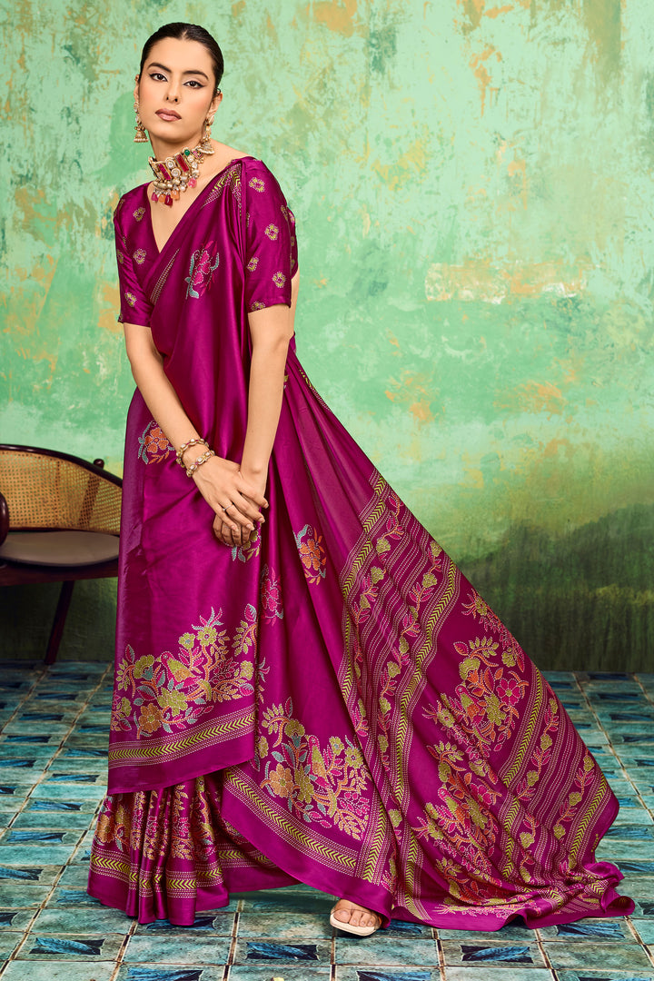 Magenta Color Engaging Katha Printed Satin Saree | Buy Online India