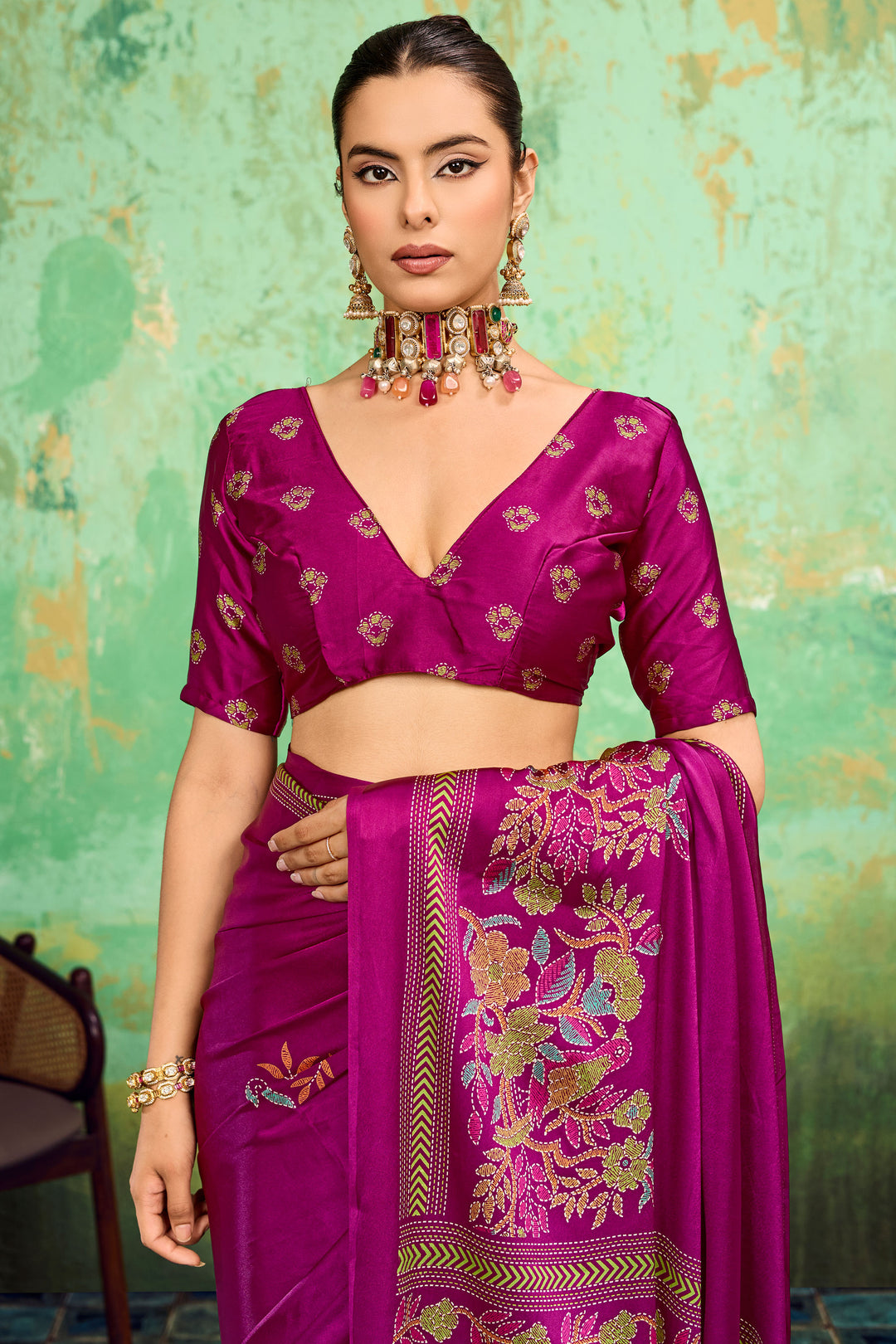 Magenta Color Engaging Katha Printed Satin Saree | Buy Online India