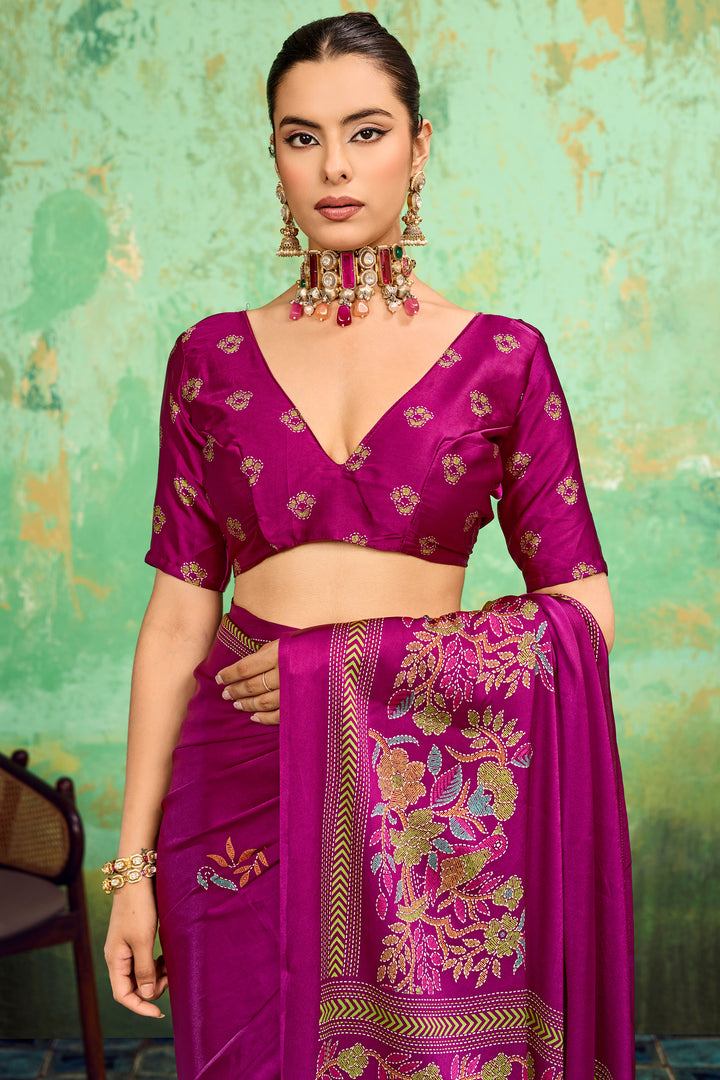 Magenta Color Engaging Katha Printed Satin Saree | Buy Online India