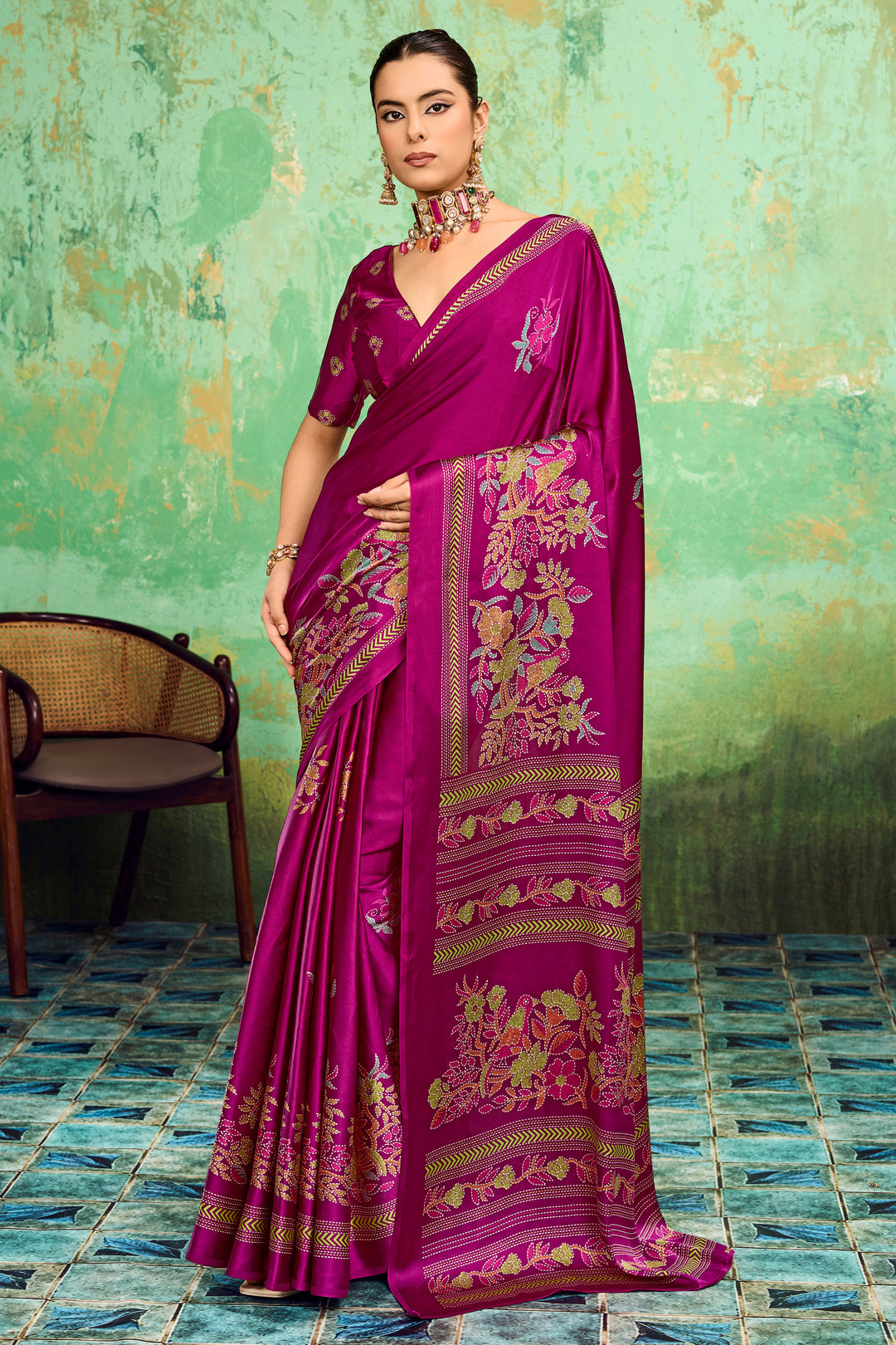 Magenta Color Engaging Katha Printed Satin Saree | Buy Online India