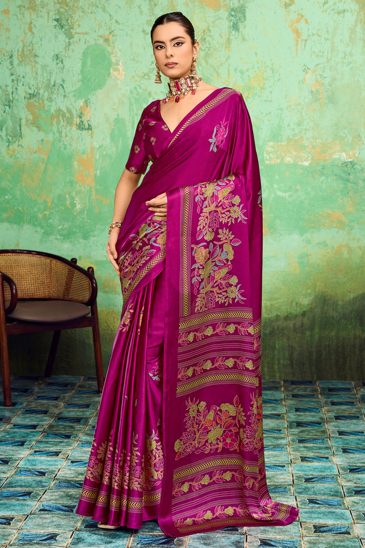 Magenta Color Engaging Katha Printed Satin Saree | Buy Online India