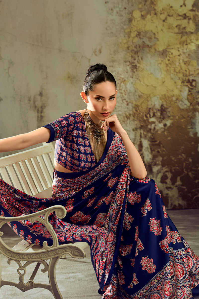 Amazing Ajrakh Printed Navy Blue Satin Saree