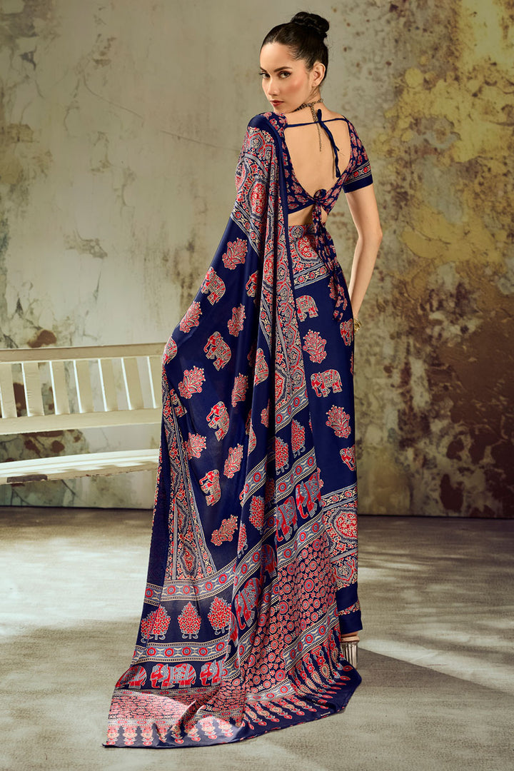 Amazing Ajrakh Printed Navy Blue Satin Saree