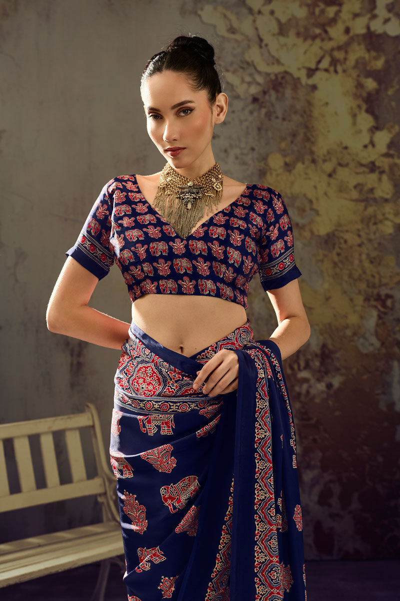 Amazing Ajrakh Printed Navy Blue Satin Saree