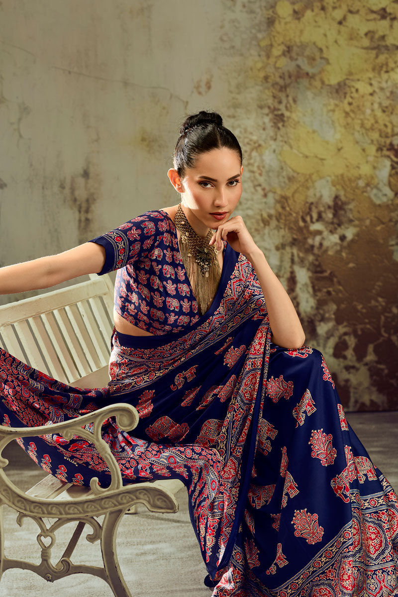 Amazing Ajrakh Printed Navy Blue Satin Saree