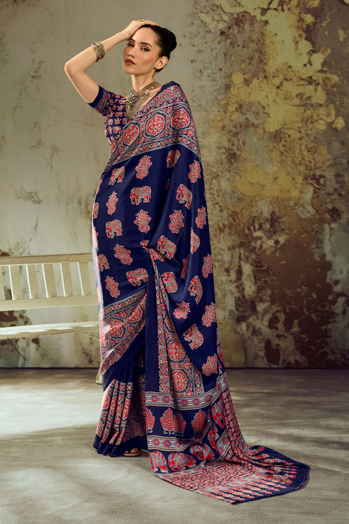 Amazing Ajrakh Printed Navy Blue Satin Saree