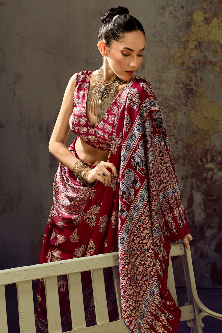 Maroon Color Trendy Ajrakh Printed Satin Saree