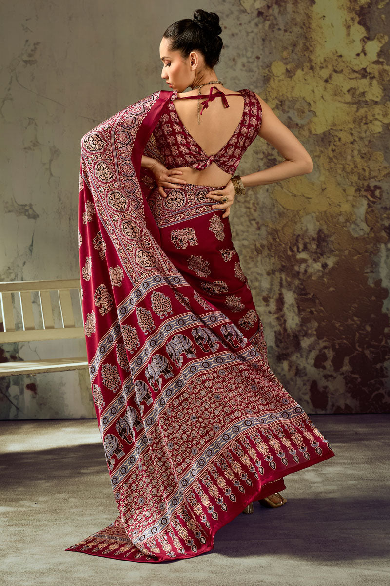 Maroon Color Trendy Ajrakh Printed Satin Saree