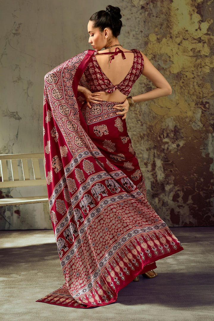 Maroon Color Trendy Ajrakh Printed Satin Saree