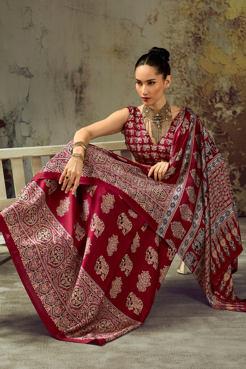 Maroon Color Trendy Ajrakh Printed Satin Saree