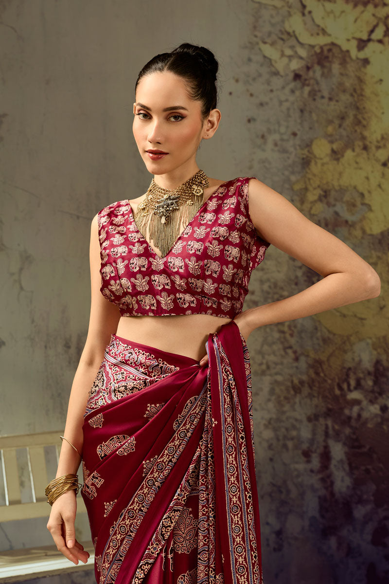 Maroon Color Trendy Ajrakh Printed Satin Saree