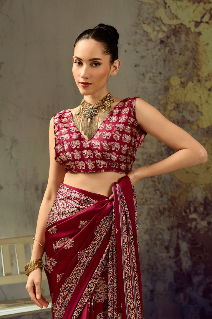 Maroon Color Trendy Ajrakh Printed Satin Saree