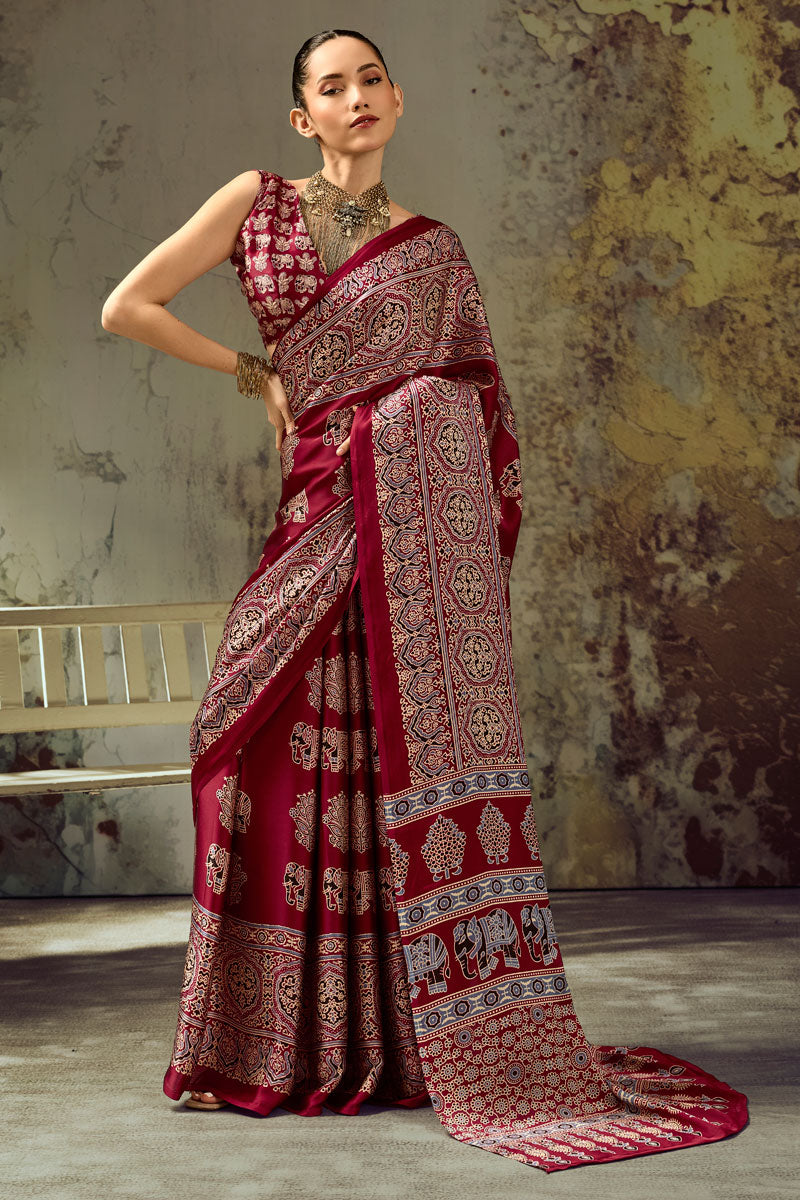 Maroon Color Trendy Ajrakh Printed Satin Saree