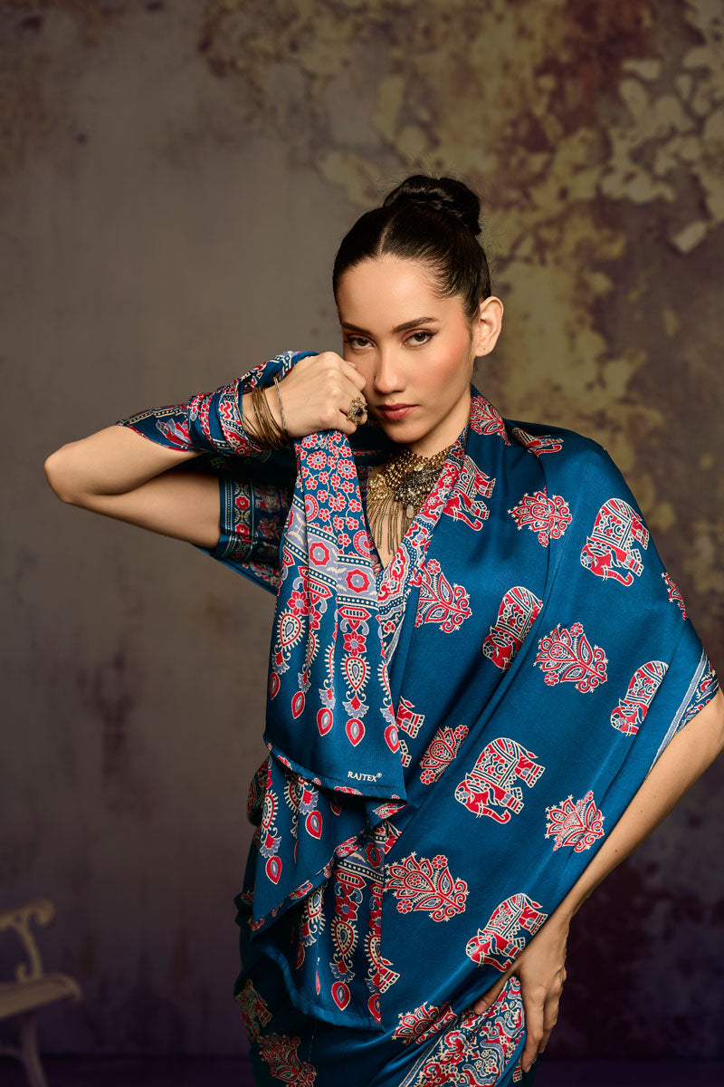Teal Color Ajrakh Printed Chic Satin Saree For Festive