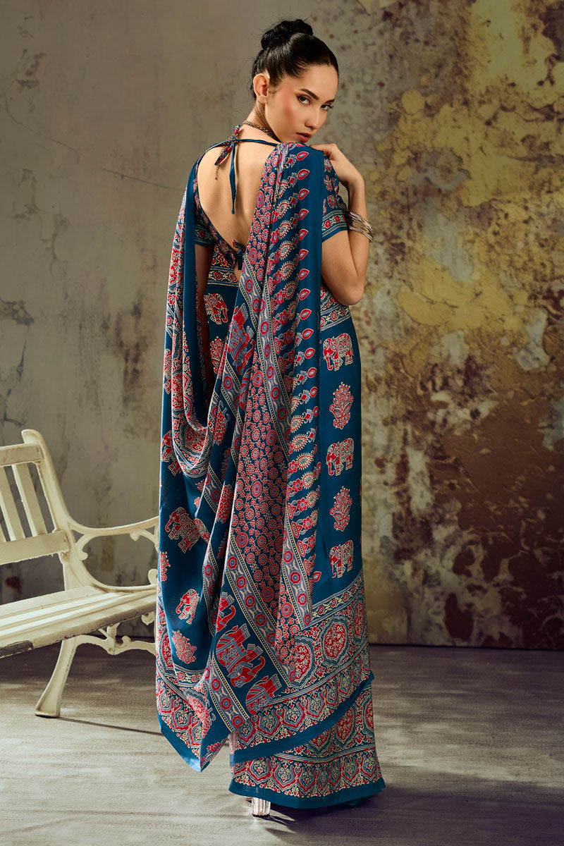 Teal Color Ajrakh Printed Chic Satin Saree For Festive