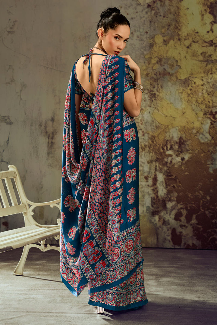 Teal Color Ajrakh Printed Chic Satin Saree For Festive