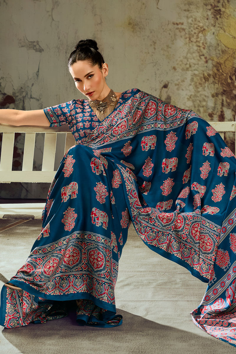Teal Color Ajrakh Printed Chic Satin Saree For Festive