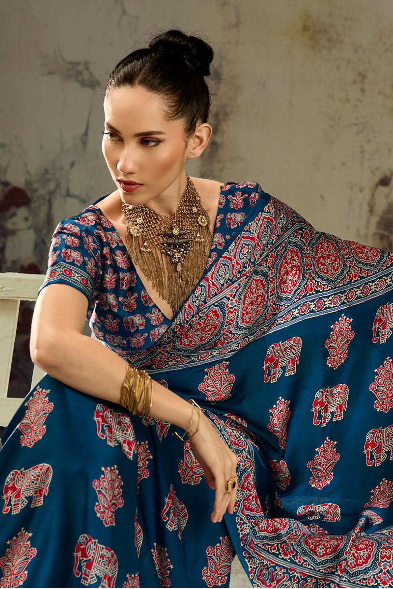 Teal Color Ajrakh Printed Chic Satin Saree For Festive