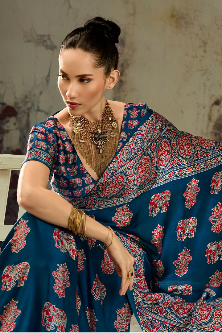 Teal Color Ajrakh Printed Chic Satin Saree For Festive