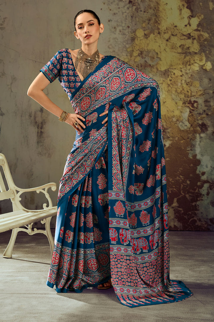 Teal Color Ajrakh Printed Chic Satin Saree For Festive