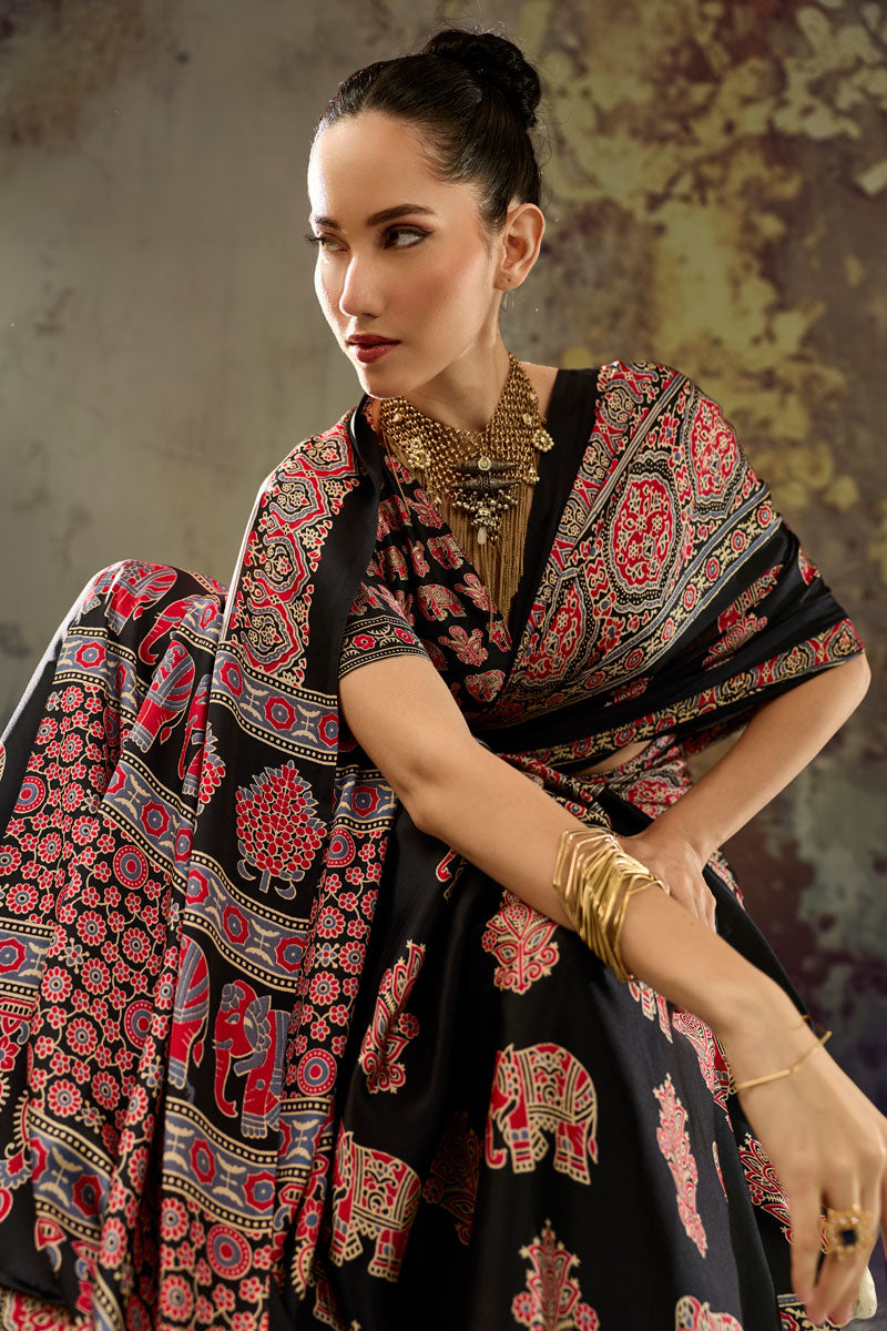 Soothing Festive Style Ajrakh Printed Black Saree