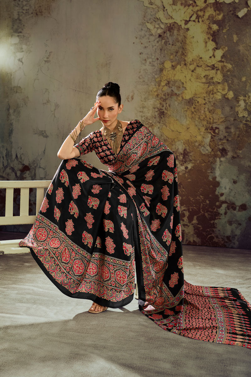 Soothing Festive Style Ajrakh Printed Black Saree