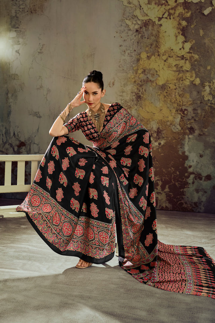 Soothing Festive Style Ajrakh Printed Black Saree