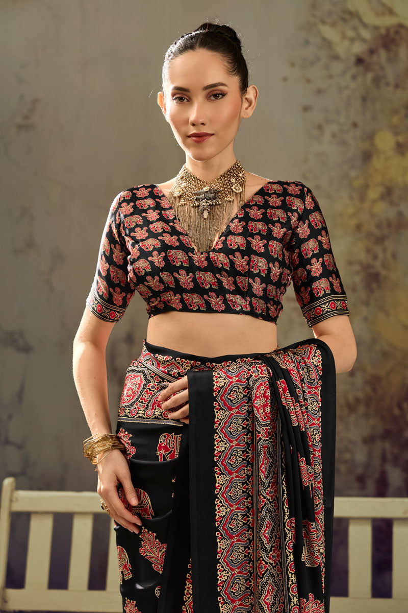Soothing Festive Style Ajrakh Printed Black Saree