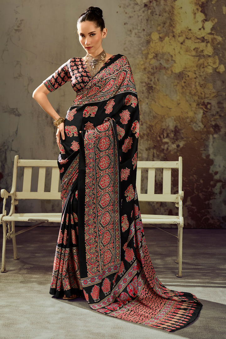 Soothing Festive Style Ajrakh Printed Black Saree