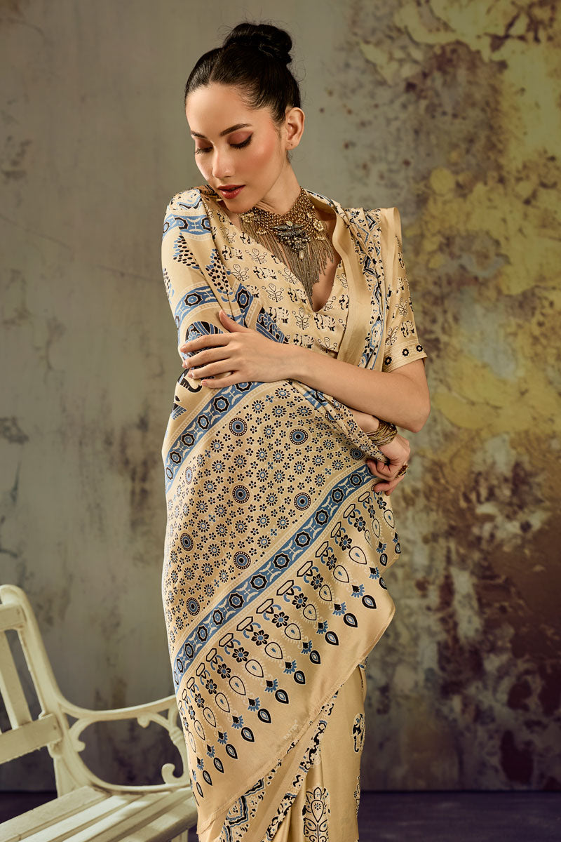 Ajrakh Printed Satin Fabric Cream Color Gorgeous Saree