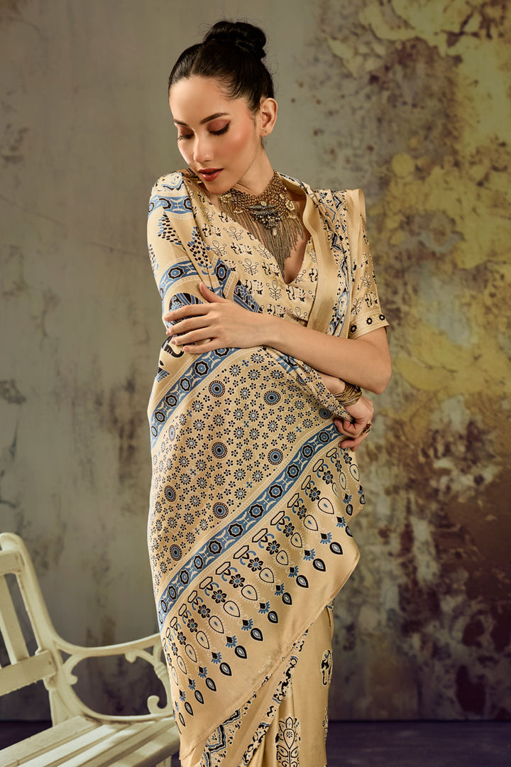 Ajrakh Printed Satin Fabric Cream Color Gorgeous Saree