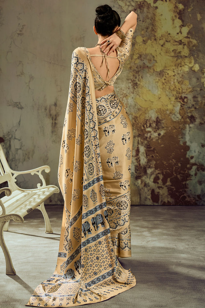 Ajrakh Printed Satin Fabric Cream Color Gorgeous Saree