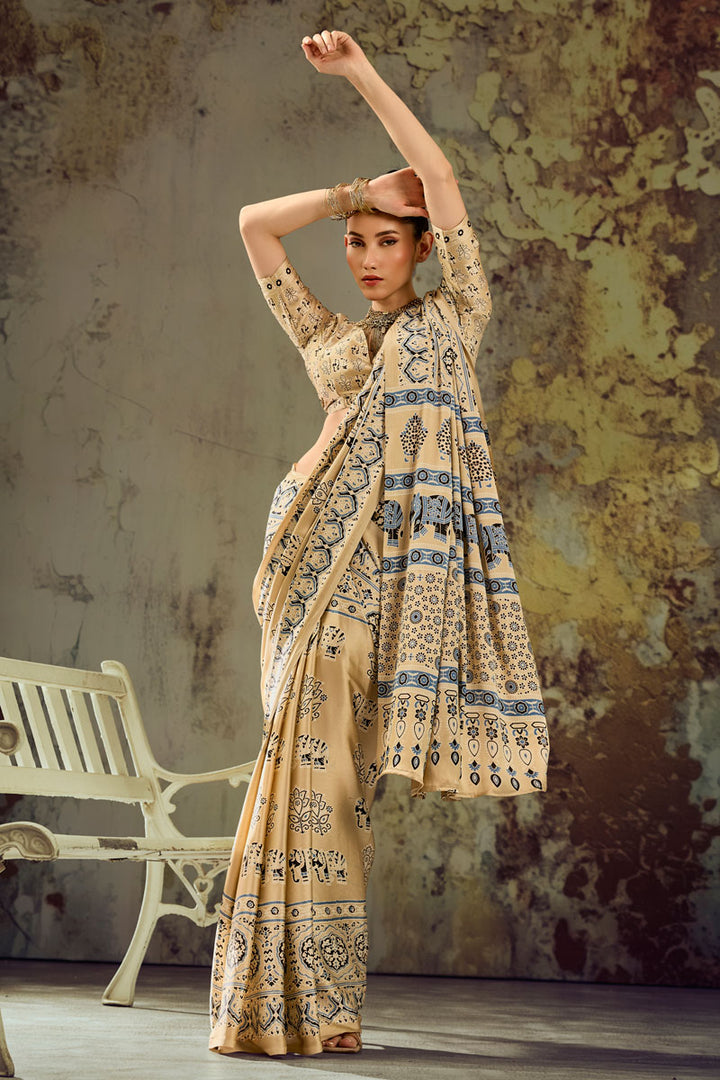 Ajrakh Printed Satin Fabric Cream Color Gorgeous Saree