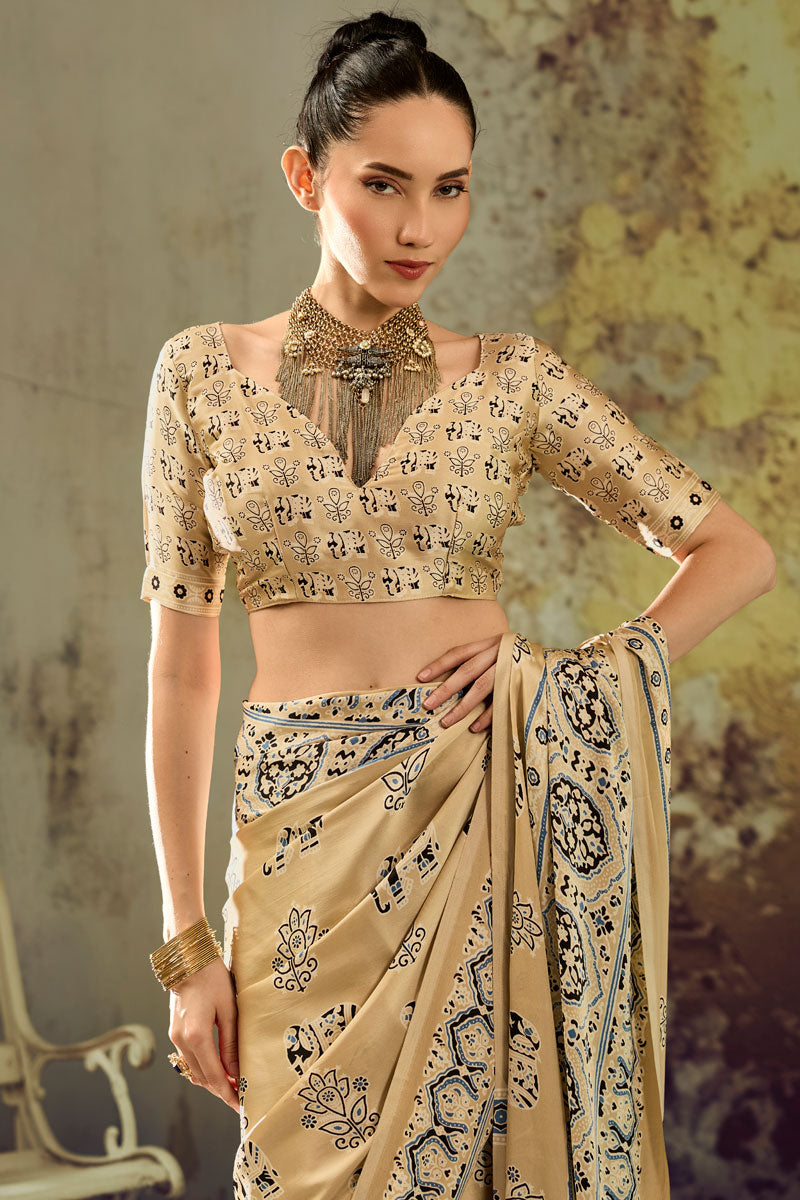 Ajrakh Printed Satin Fabric Cream Color Gorgeous Saree
