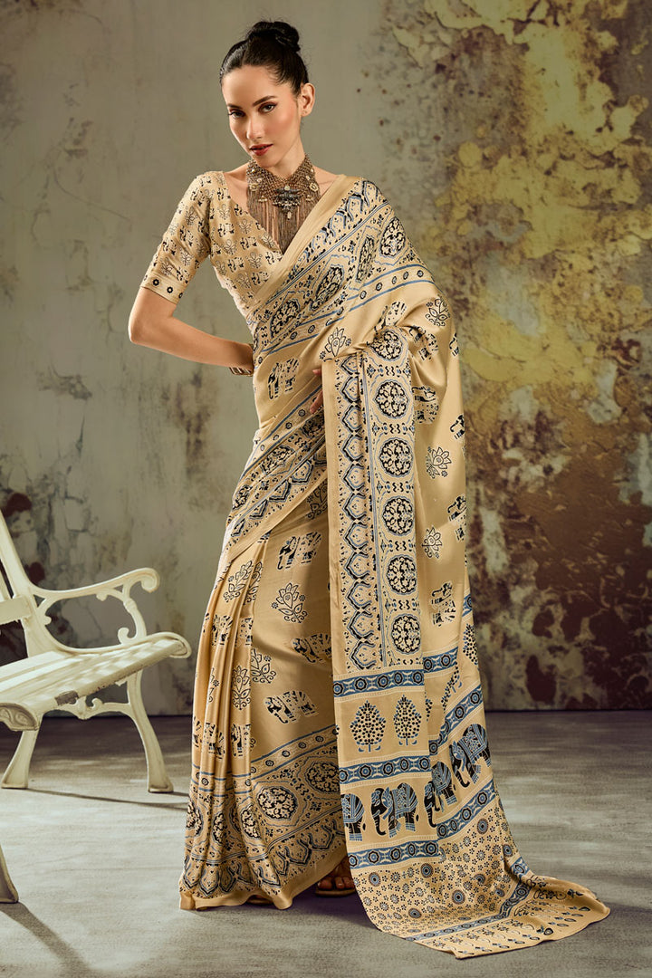 Ajrakh Printed Satin Fabric Cream Color Gorgeous Saree
