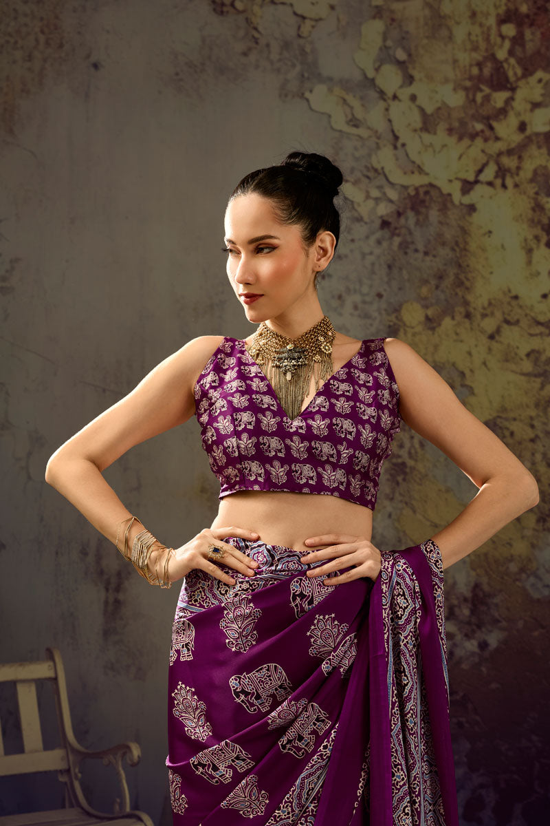 Graceful Satin Fabric Purple Ajrakh Printed Saree